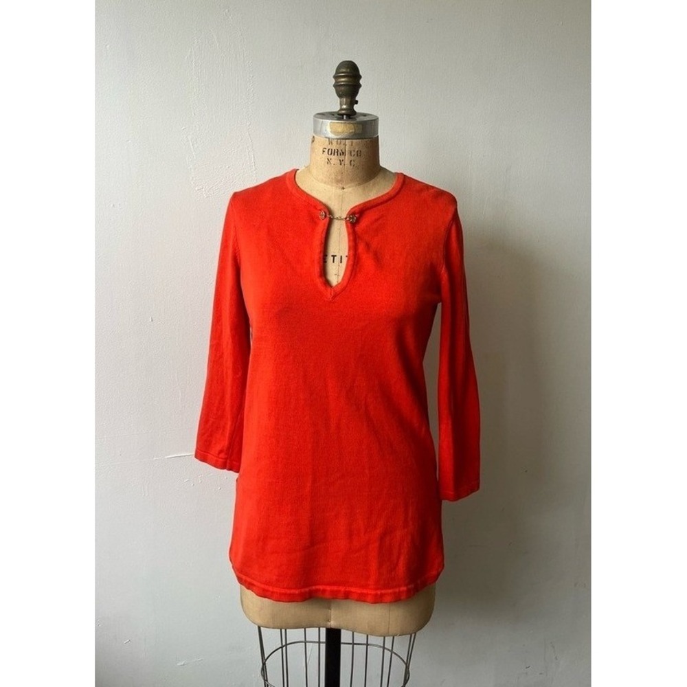 Tory Burch Orange Keyhole Logo Clasp Knit Tunic Top 3/4 Sleeve Small